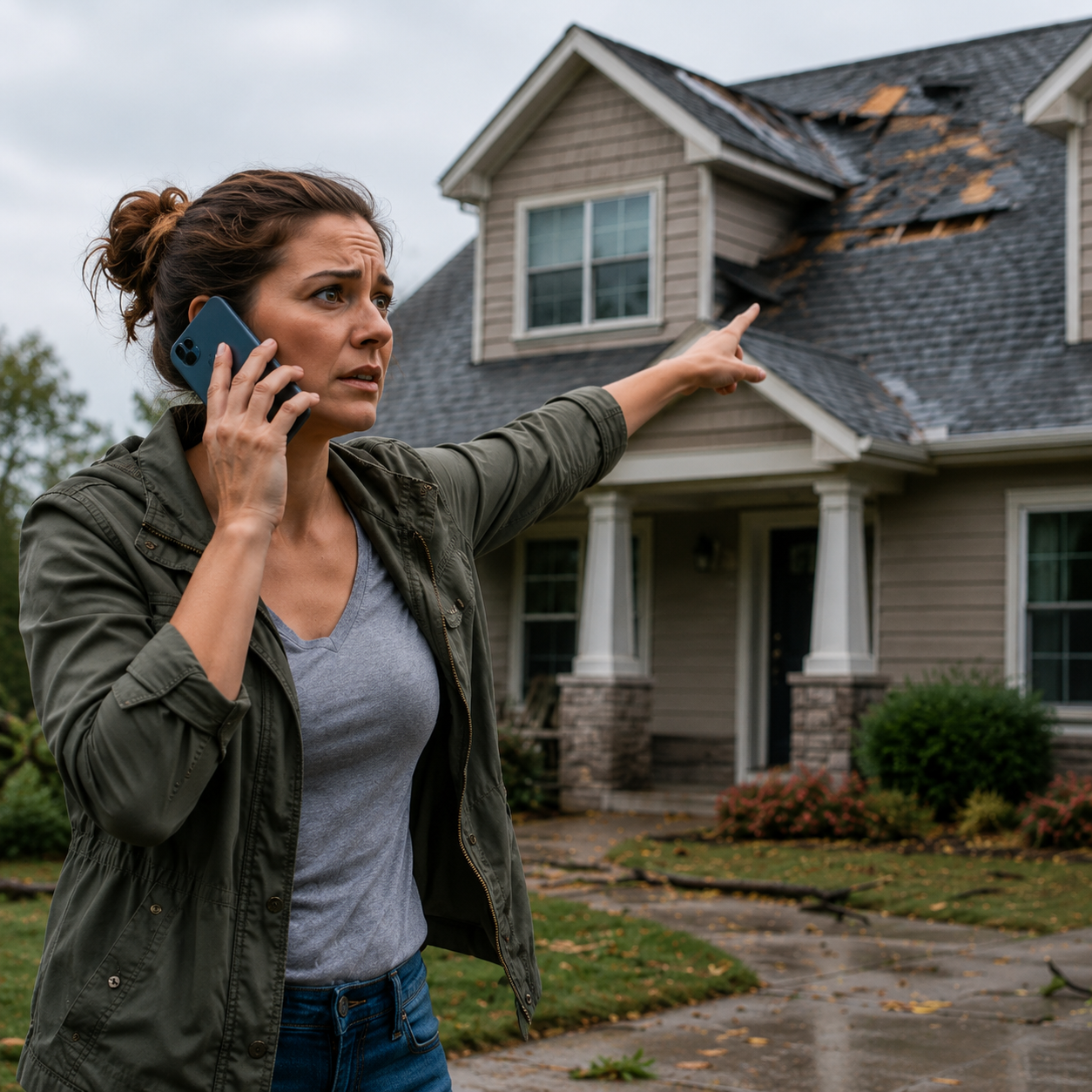 Dueña de casa llamando después de daño de techo por tormenta