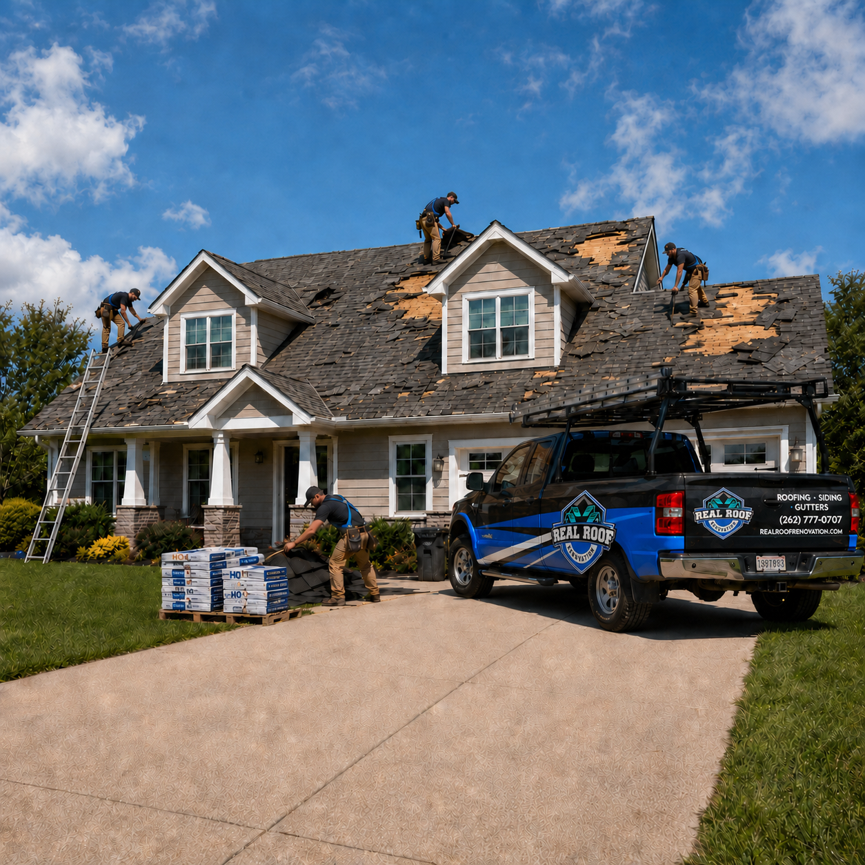 Techo dañado por tormenta con equipo de roofing y camioneta de la compañía